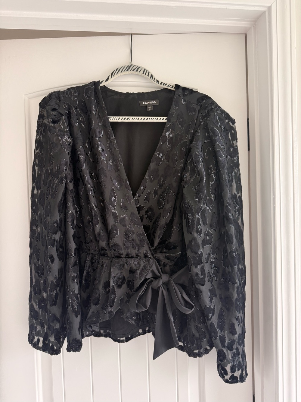Express Black Leopard-Texture Wrap Blouse with Satin Tie
